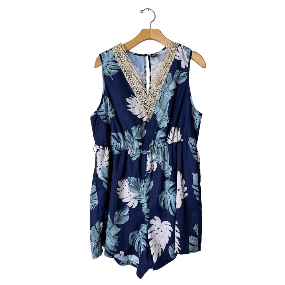 Shein Plus 1X Navy Blue Tropical Print V-Neck Romper Jumpsuit One Piece